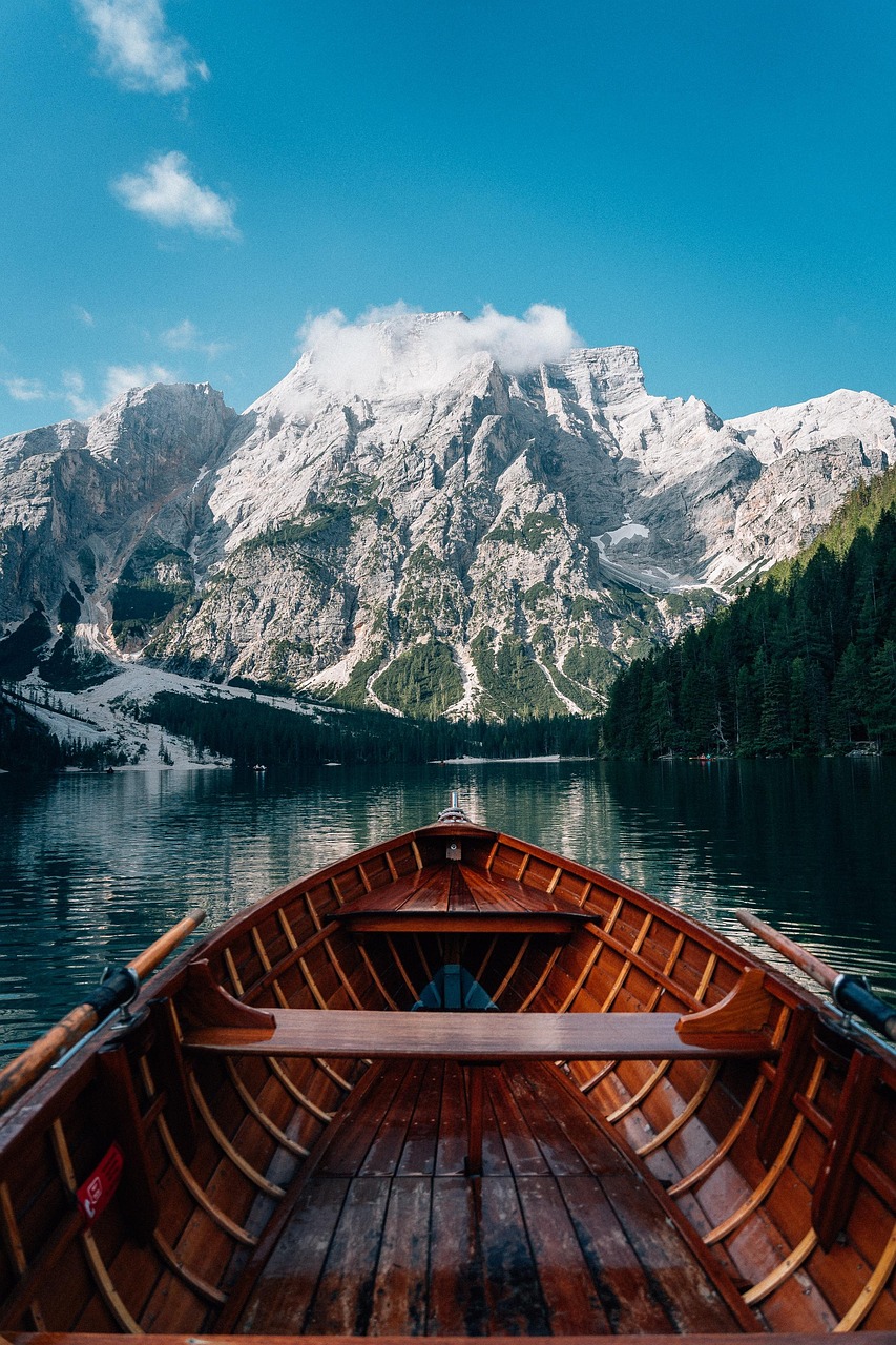 boat, lake, mountains, nature, snow, italy, dolomites, alps, landscape